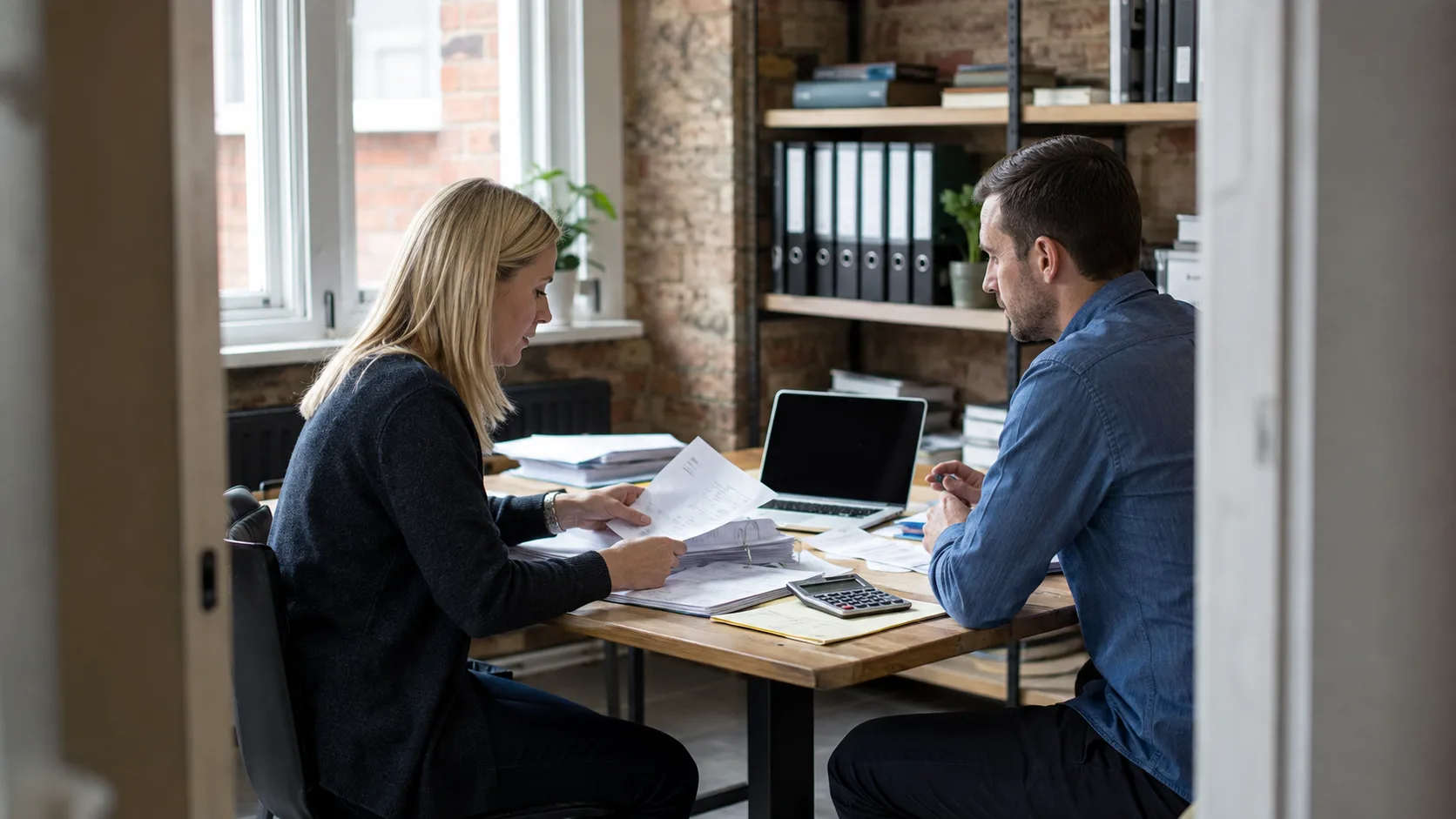 A bookkeeper works through receipts and records with a client in the UK