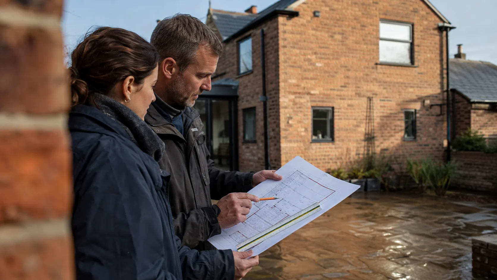 A building designer reviews residential plans with a client in the UK