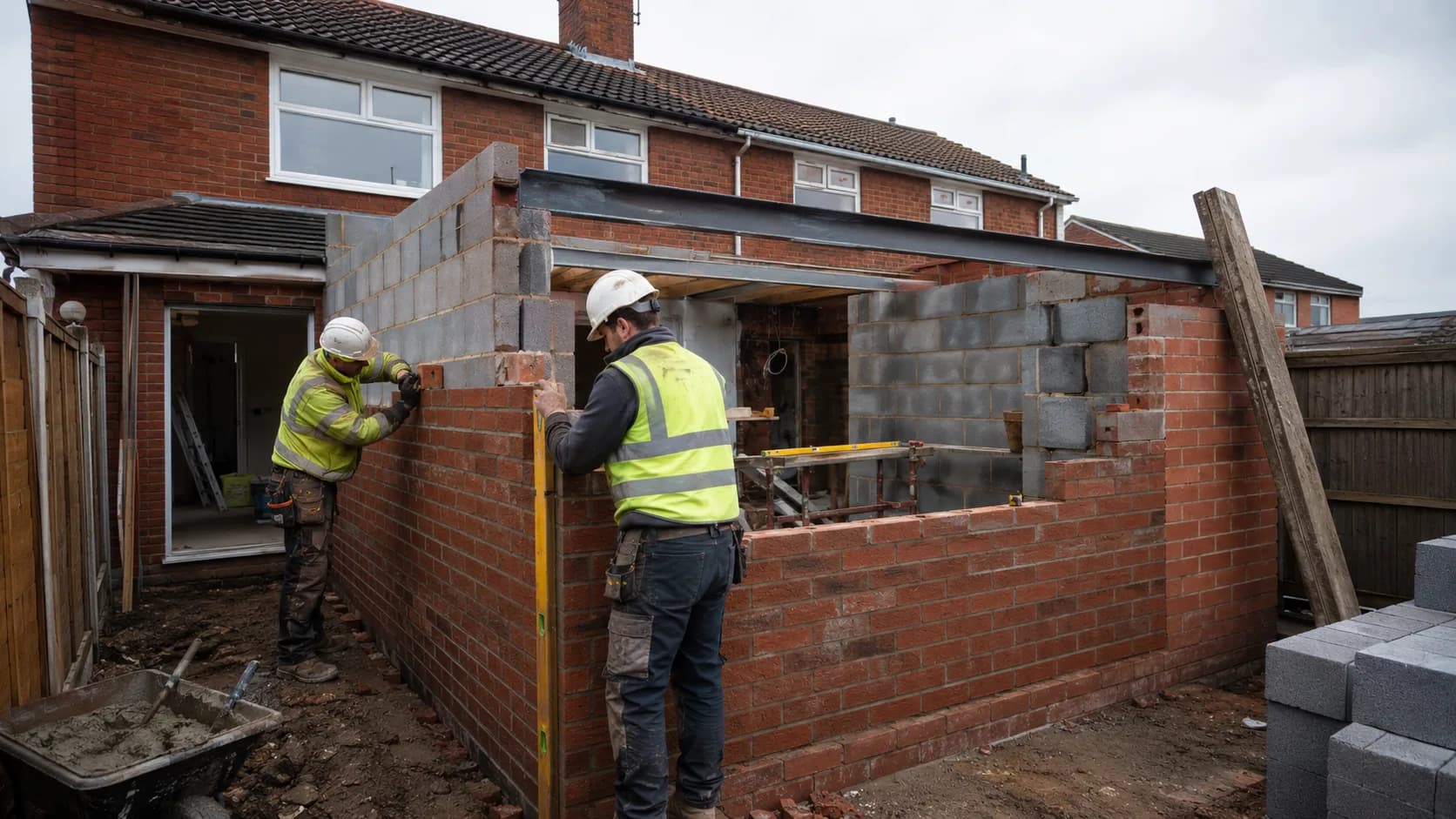A builder framing a house extension in the UK