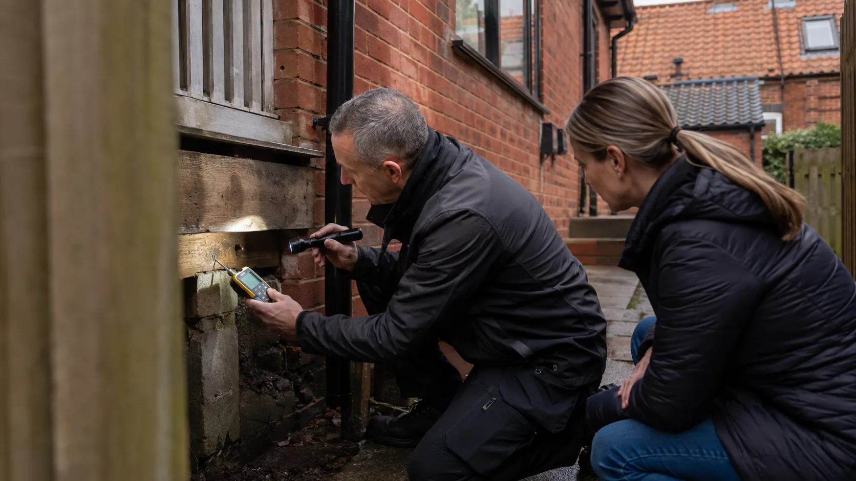 An inspector checks a timber junction during a home visit in the UK