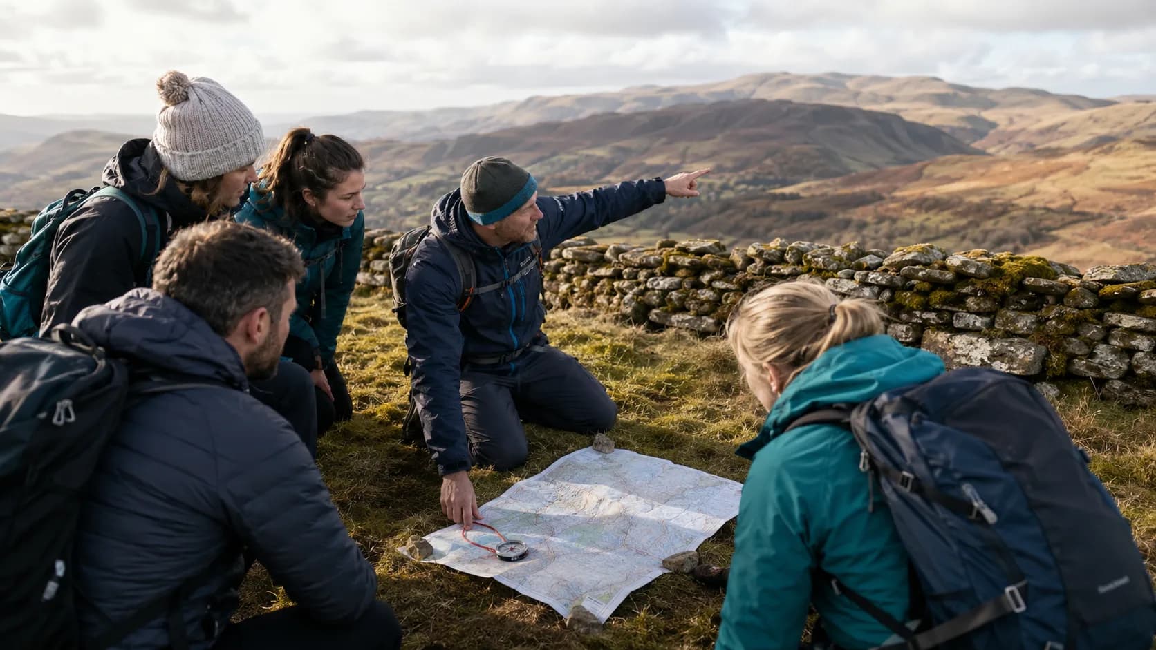 For navigation courses, hillwalkers practise compass navigation on open moorland in the UK