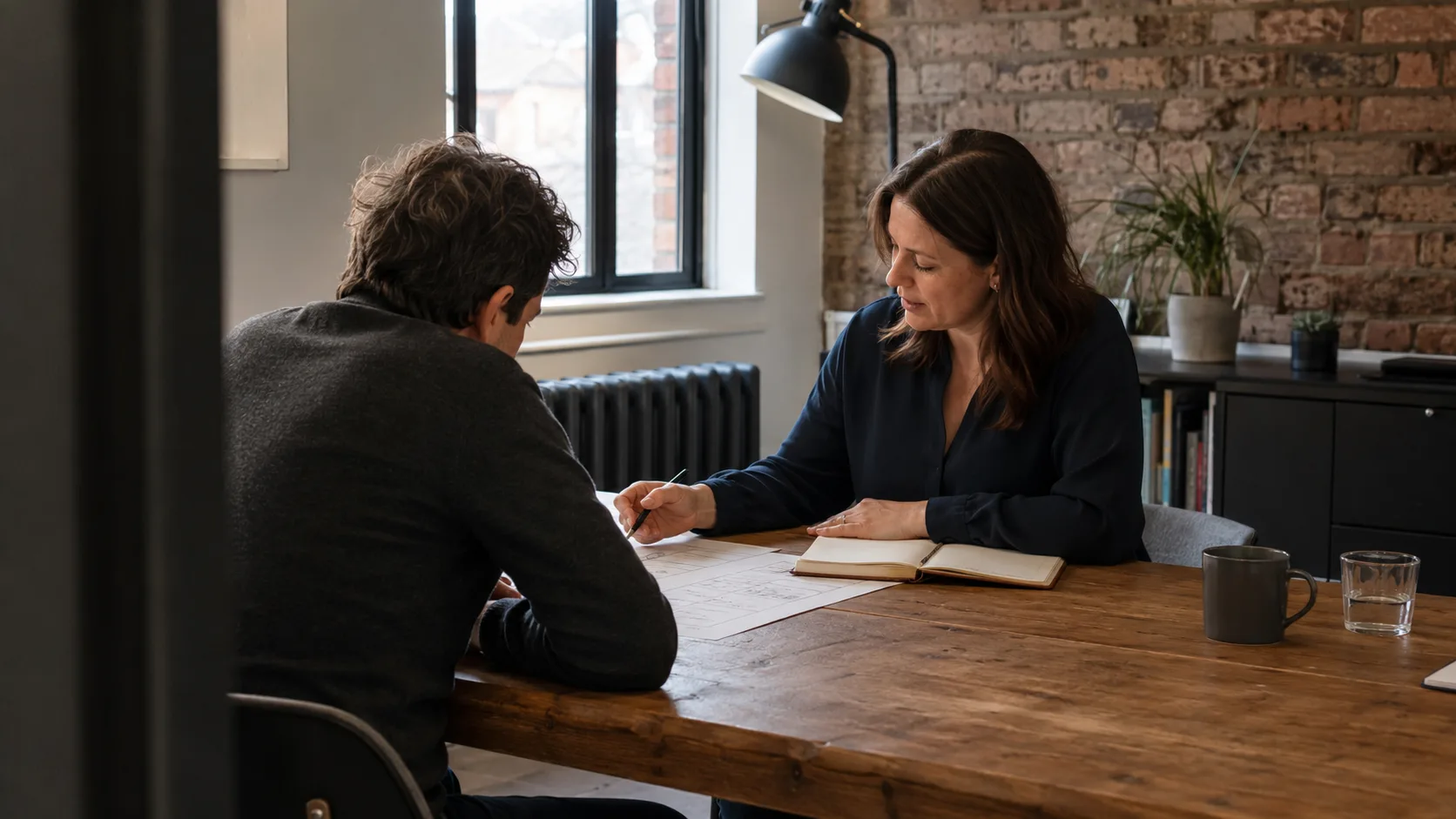 A business coach works through priorities with an owner in the UK