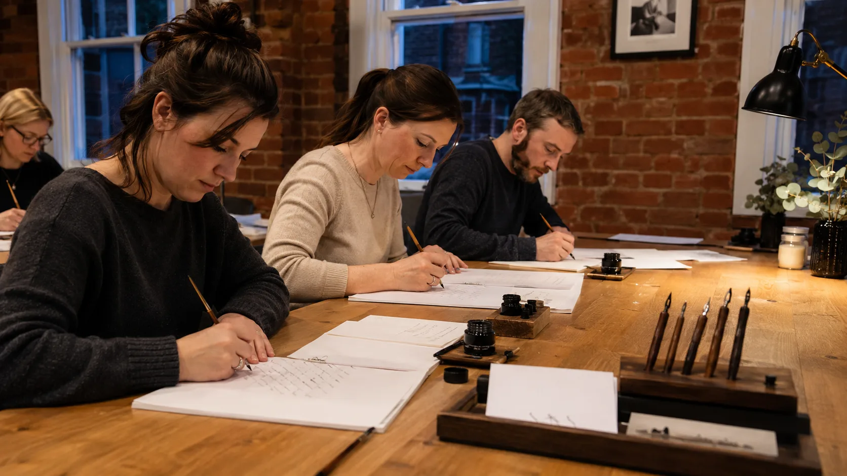 Learners practise italic strokes with dip pens under warm lamps in a hall in the UK