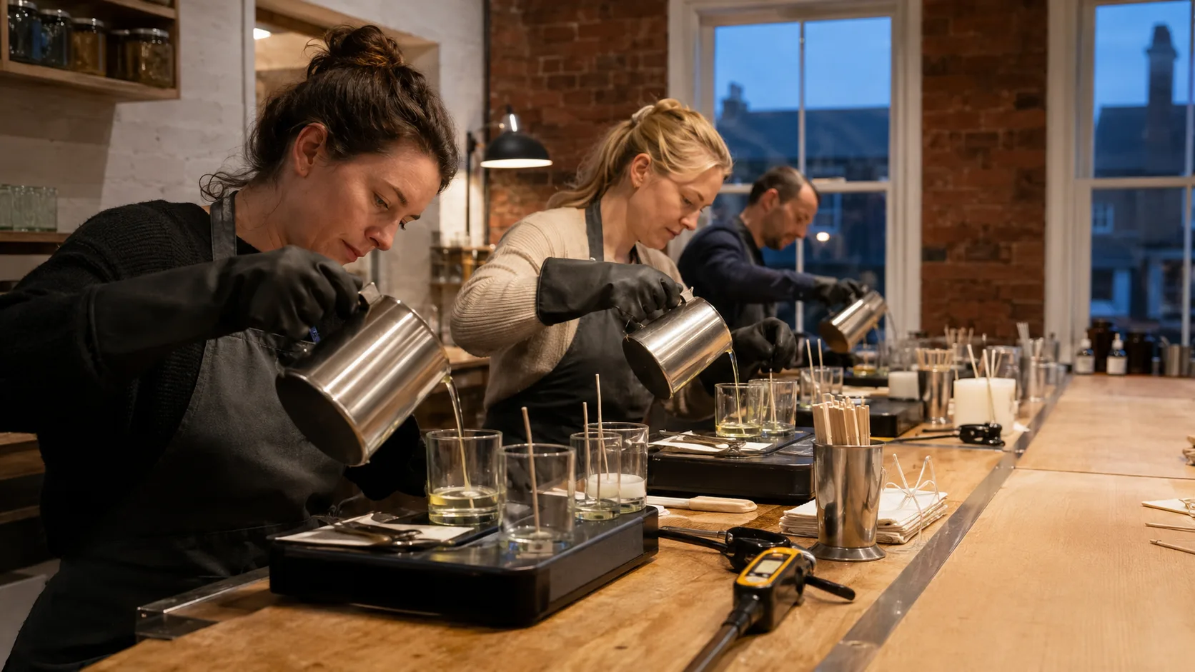 Glass jars and a warm wax melter on a candle workshop bench in the UK