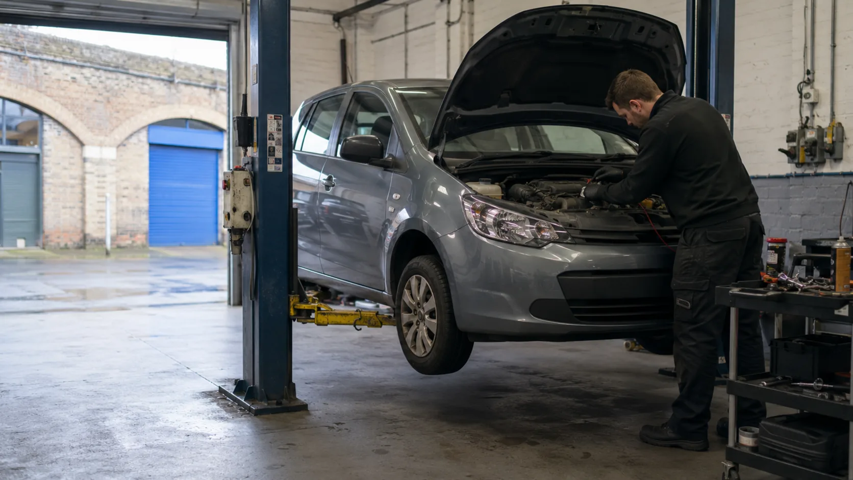 A mechanic working under a car in a workshop bay in the UK