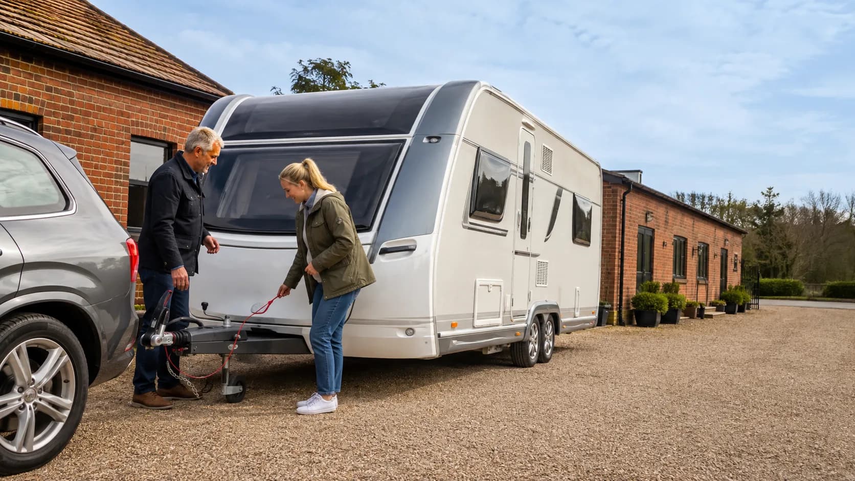 Couple receiving a caravan handover outside a depot in the UK
