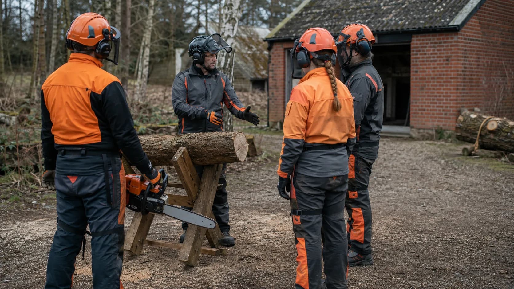 Trainer checks protective equipment beside a supervised chainsaw practice station in the UK