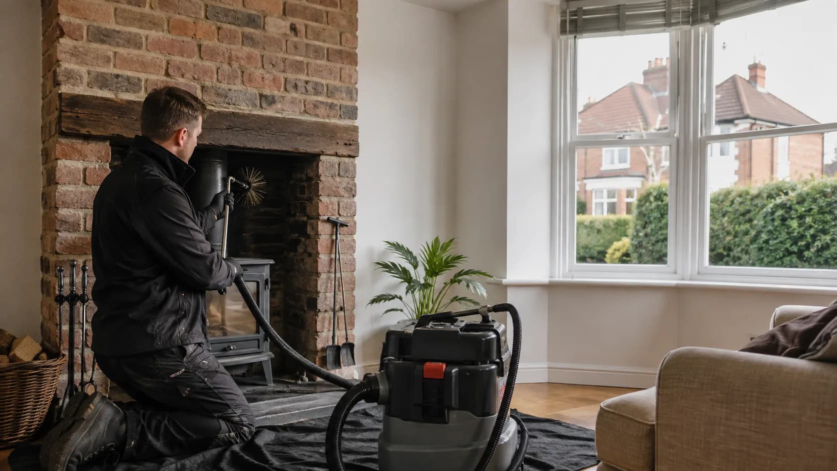 A chimney sweep brushing a flue in the UK