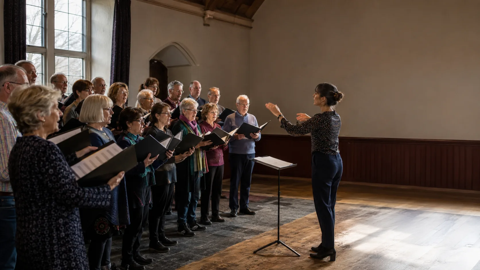 Choir singing under a musical director in a hall in the UK