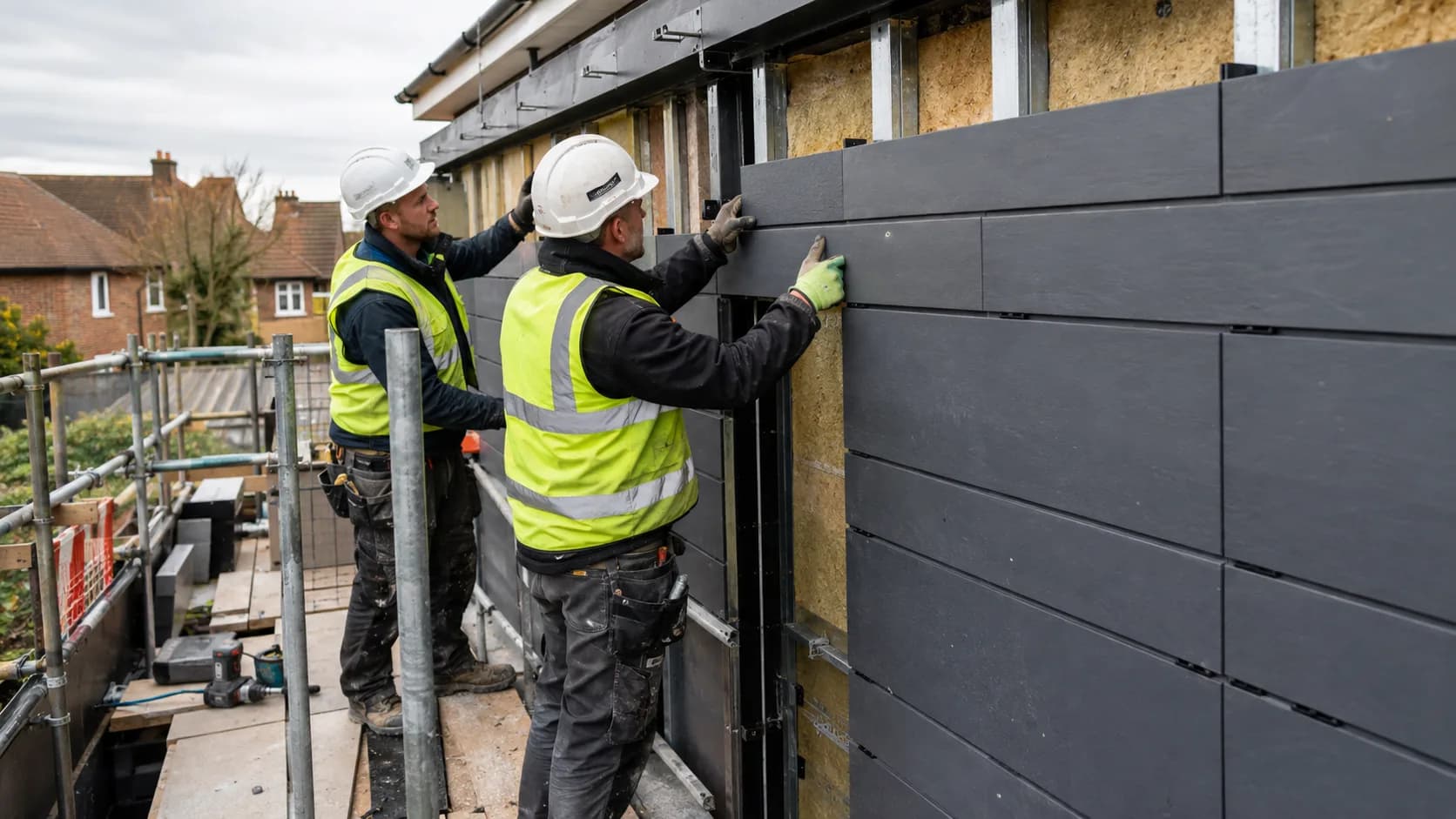Installers hanging cladding boards on a house in the UK