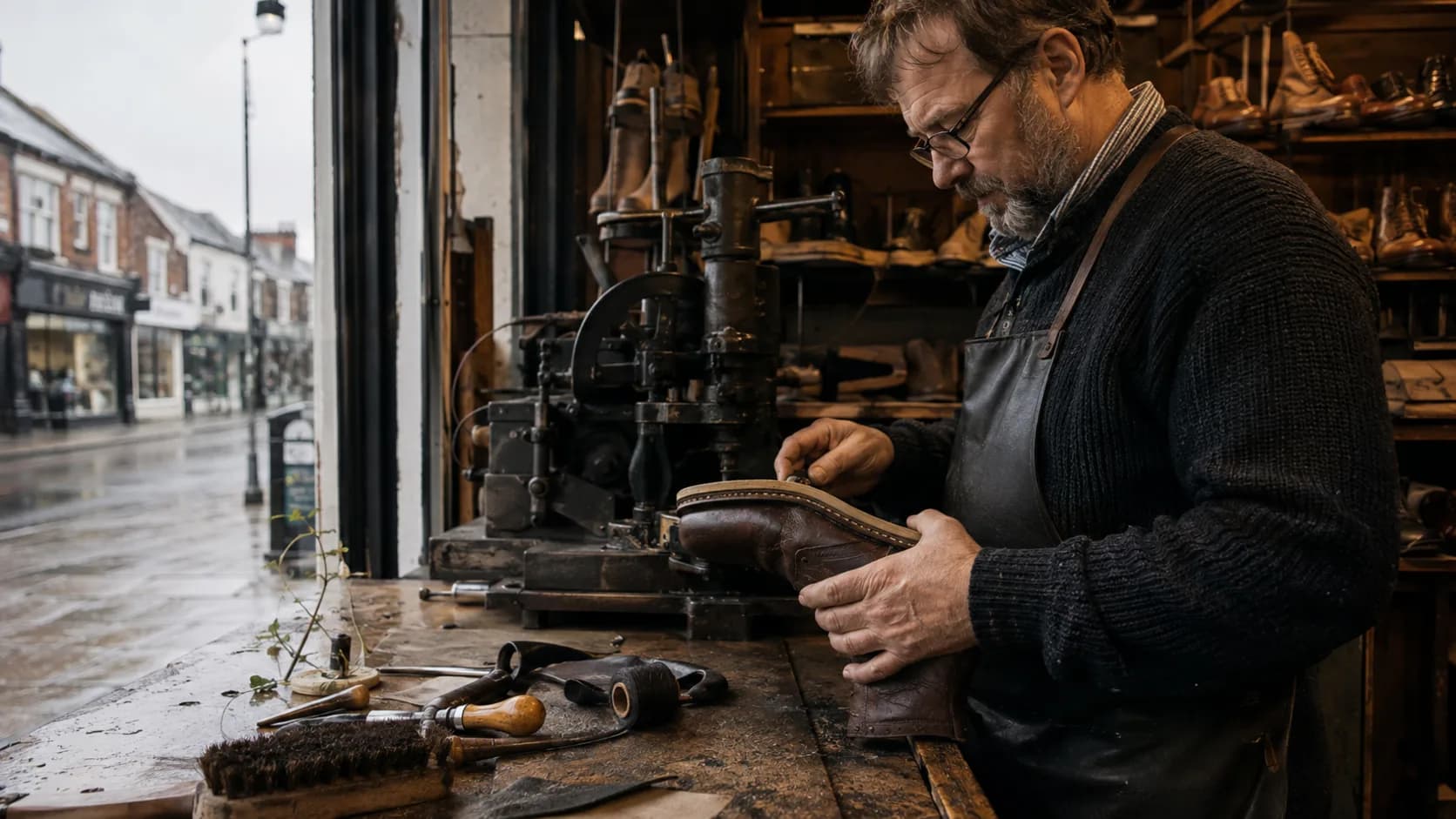 A cobbler stitching a sole at the bench of a shoe repair shop in the UK