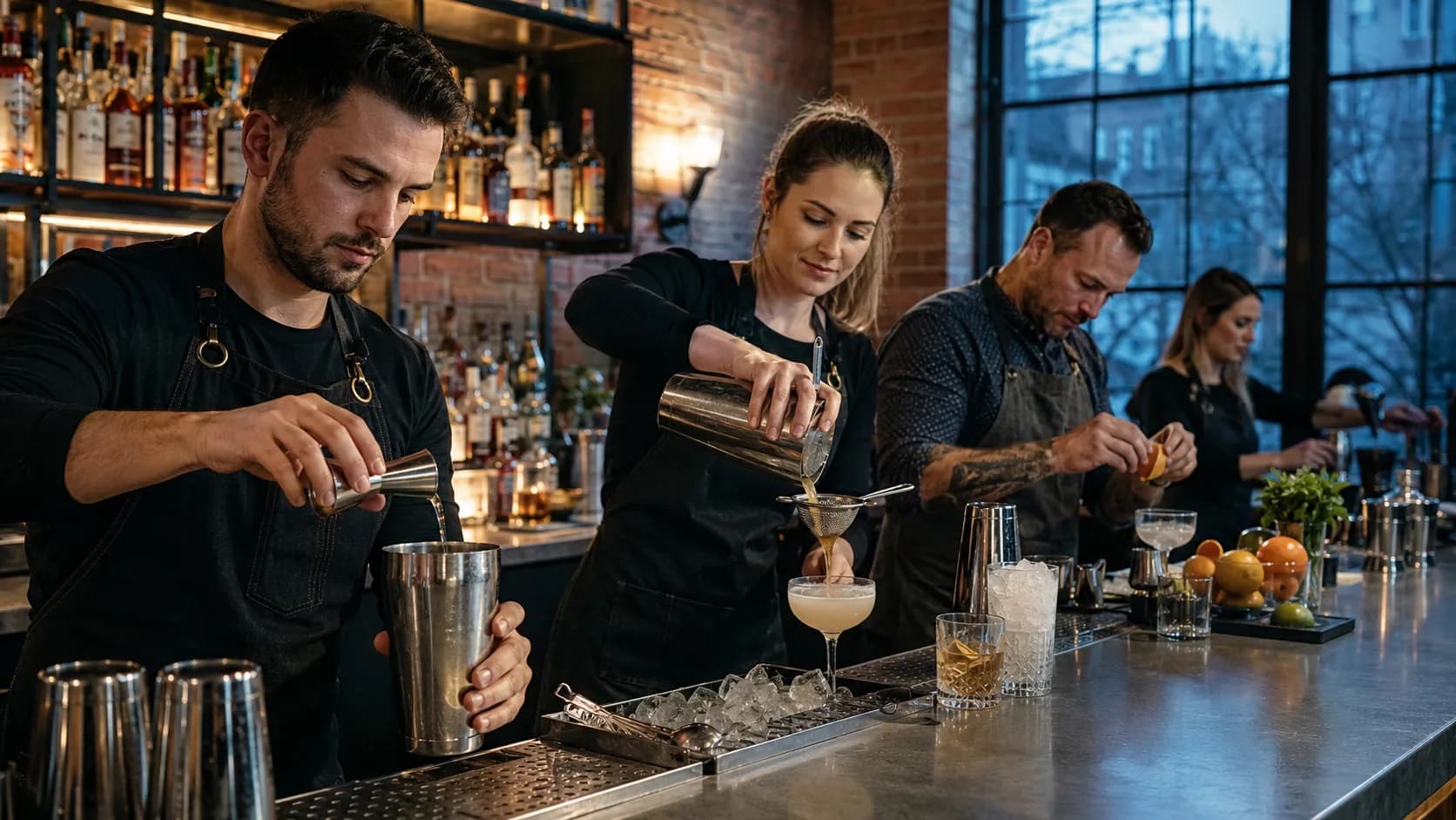 Guests mixing at bar stations in a compact brick-walled room in the UK under cool evening light