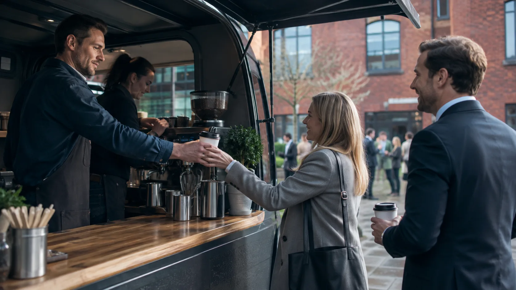 the UK coffee van handing over cups in a damp brick office courtyard