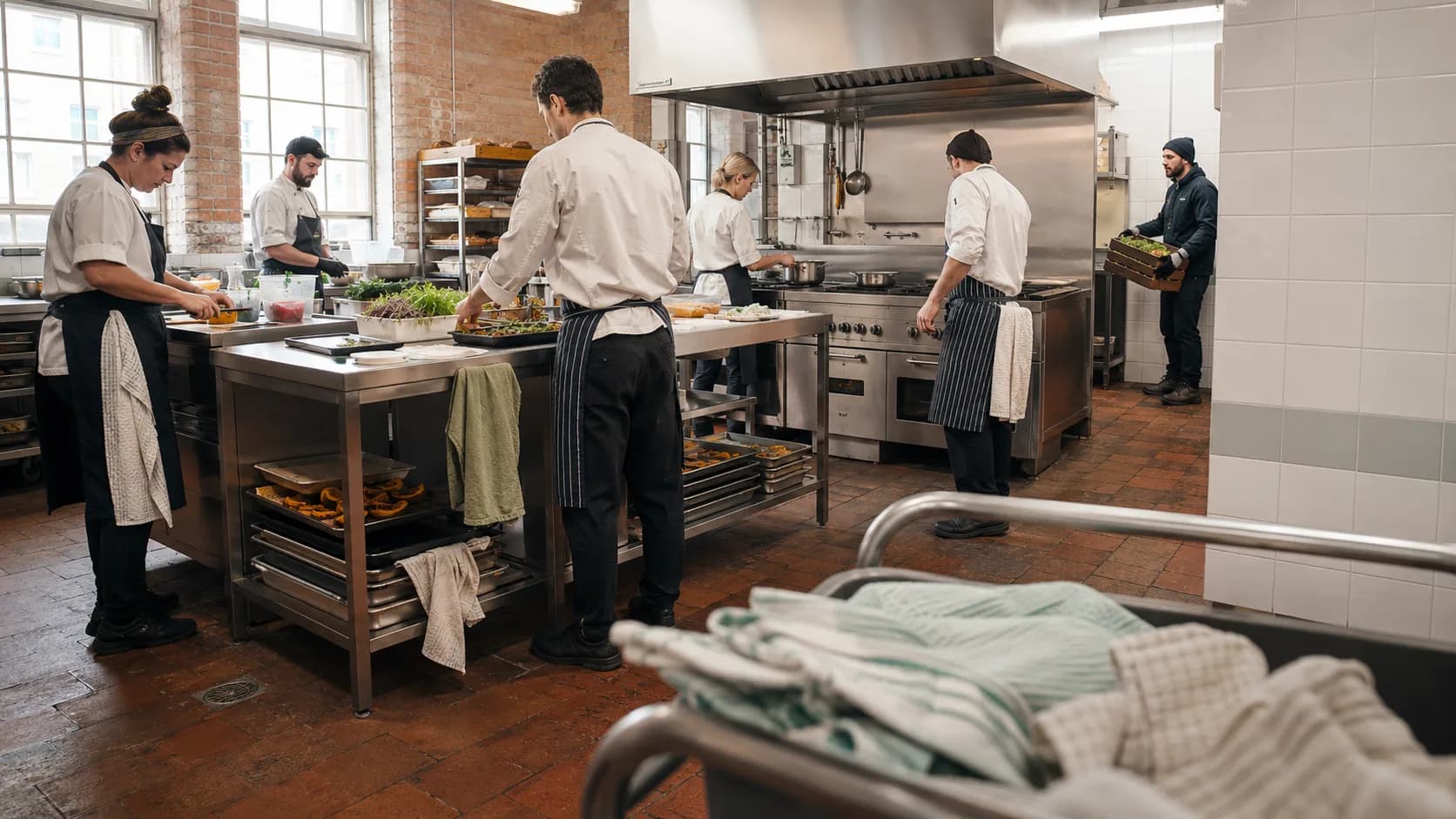 Food producers work across a busy shared kitchen during preparation