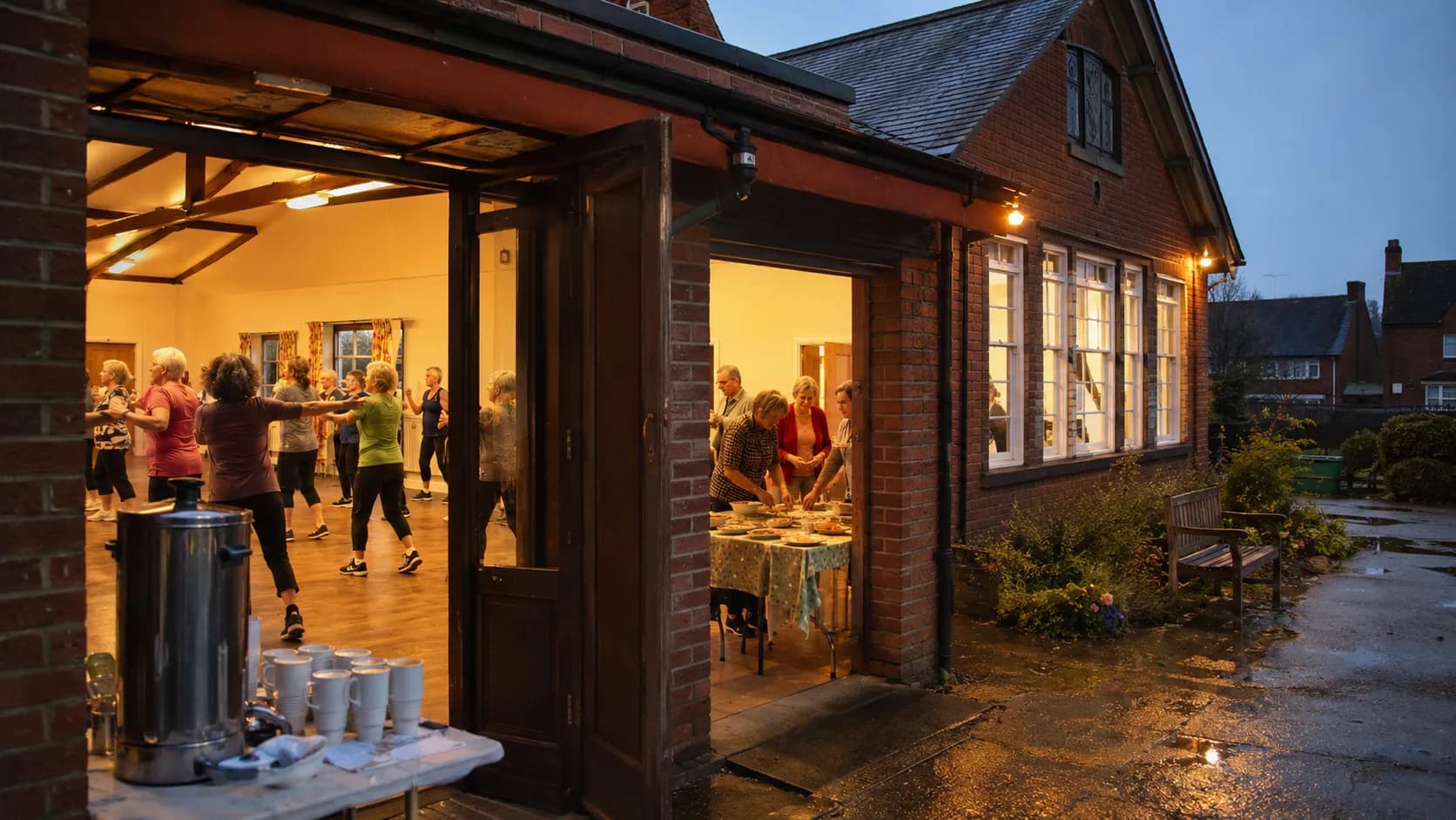 A busy evening class uses a traditional brick village hall