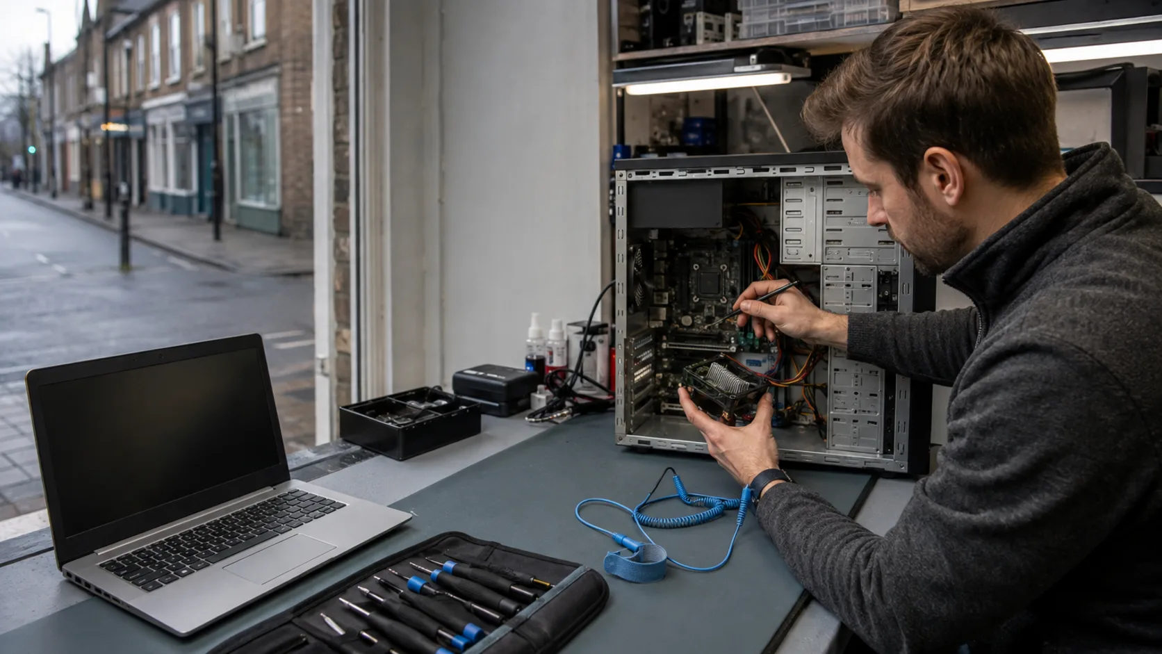 A technician working on an opened laptop at a repair bench in the UK
