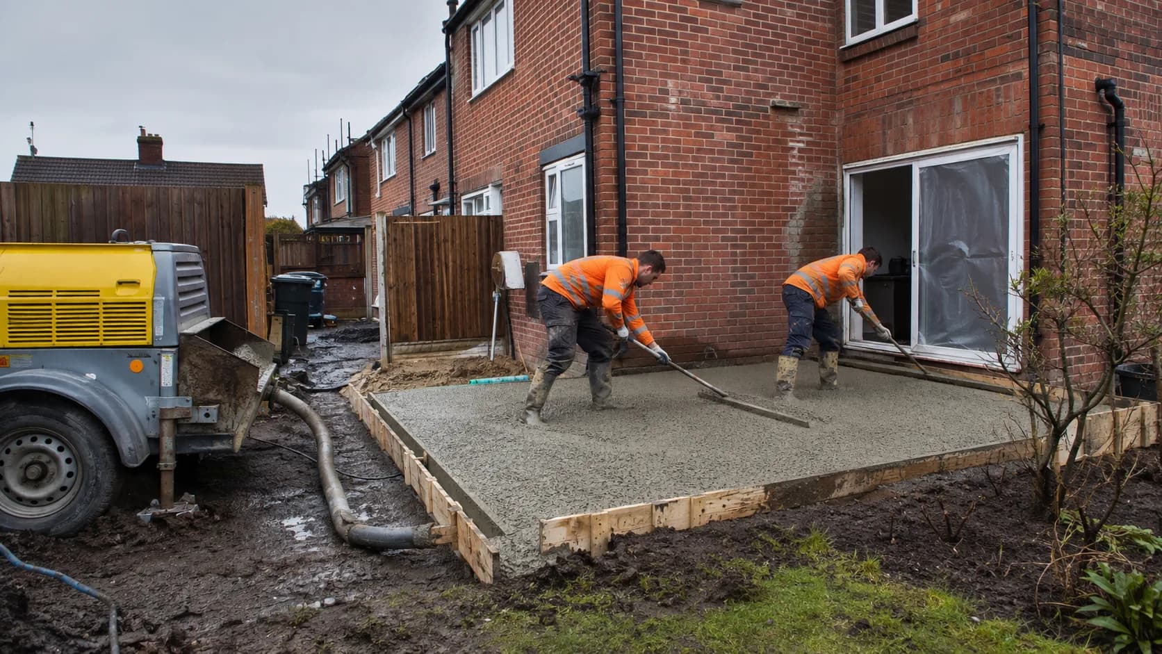A concreter finishing a fresh slab in the UK