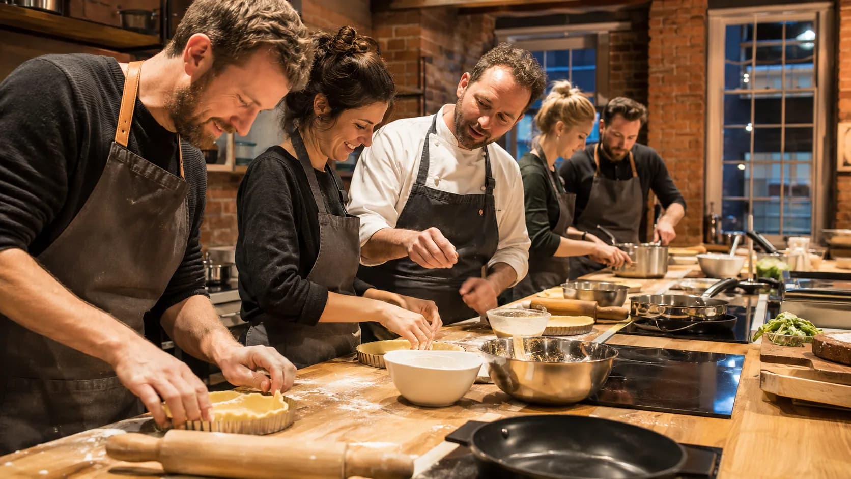 A chef tutor guides participants through a hands-on cooking workshop in the UK