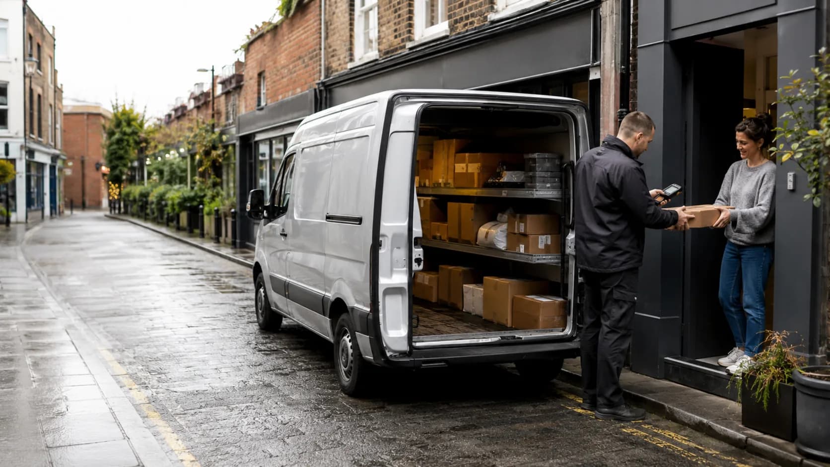 A driver loads a pallet onto a tail-lift van on a UK trading estate in the rain