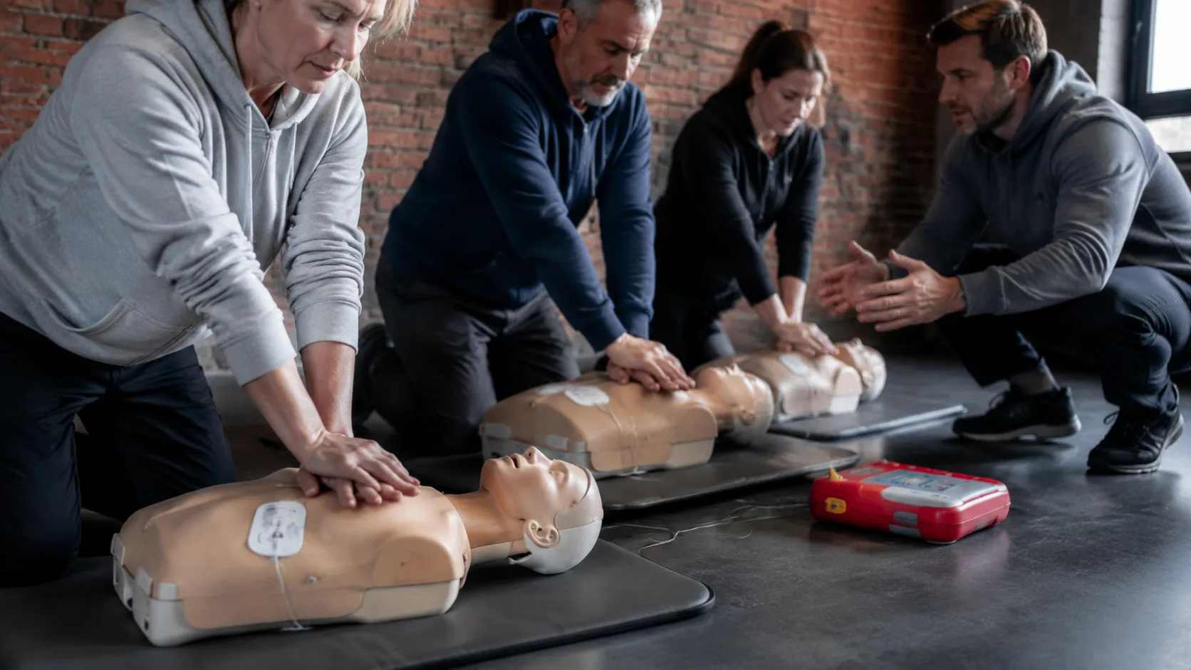 Learners practise chest compressions with manikins during a CPR refresher class in the UK
