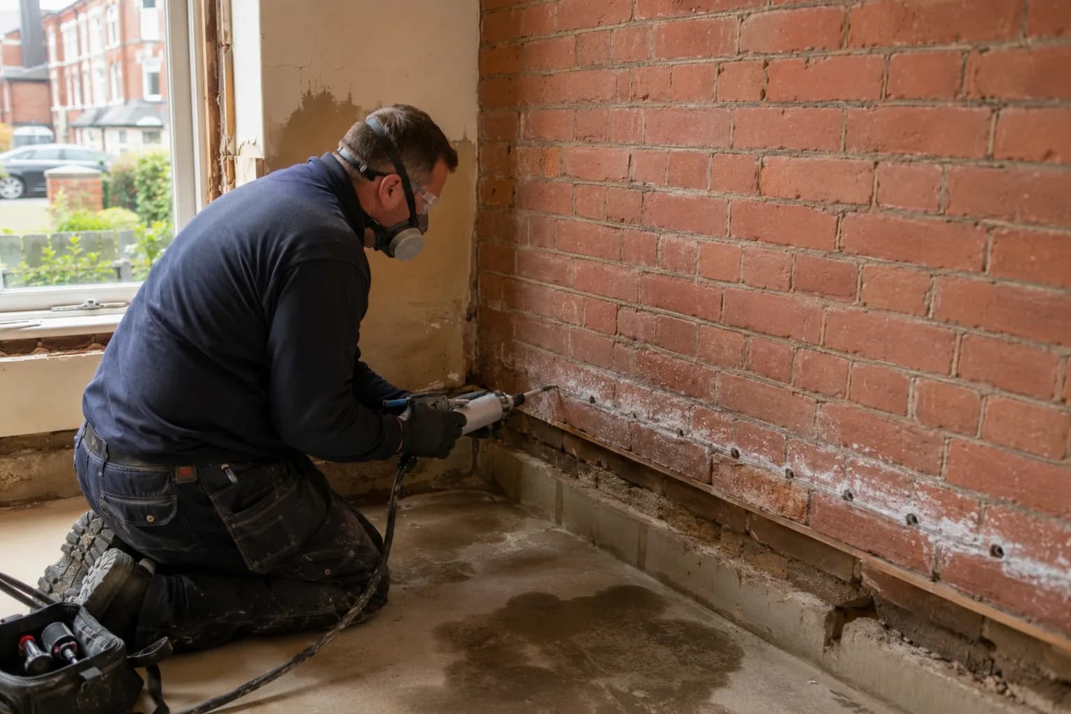 A damp specialist taking moisture readings in a house in the UK