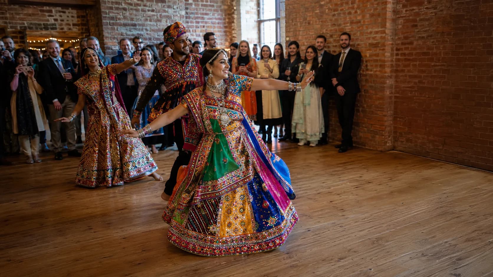 Dance troupe performing for a gathered event audience in the UK