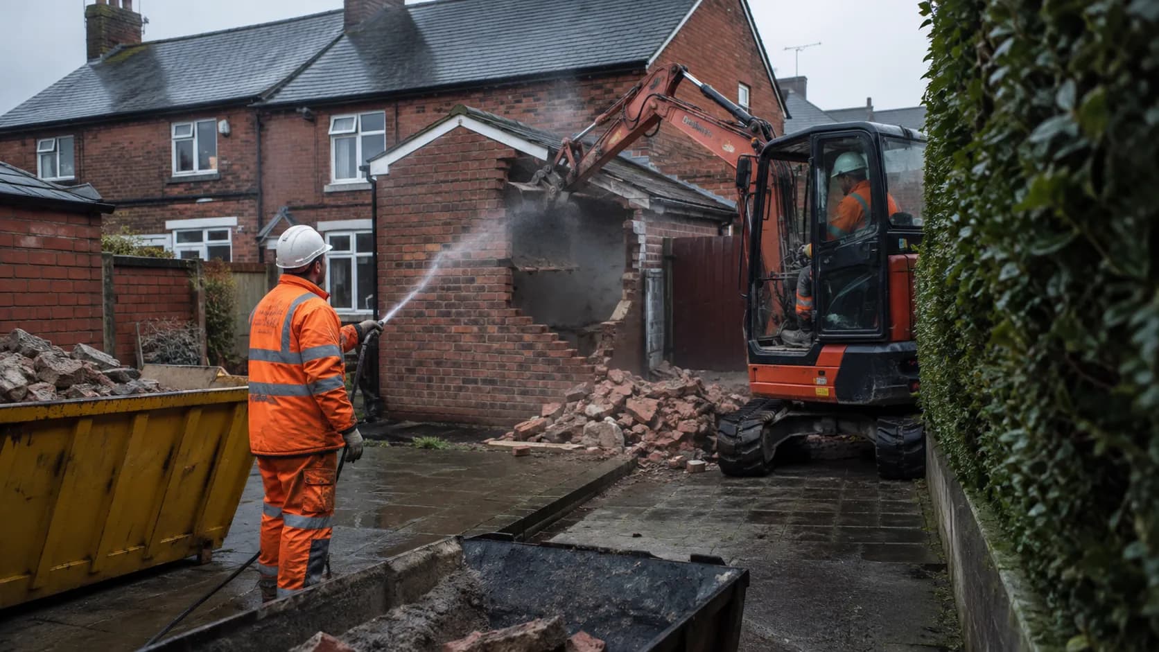 An excavator taking down a detached garage in the UK