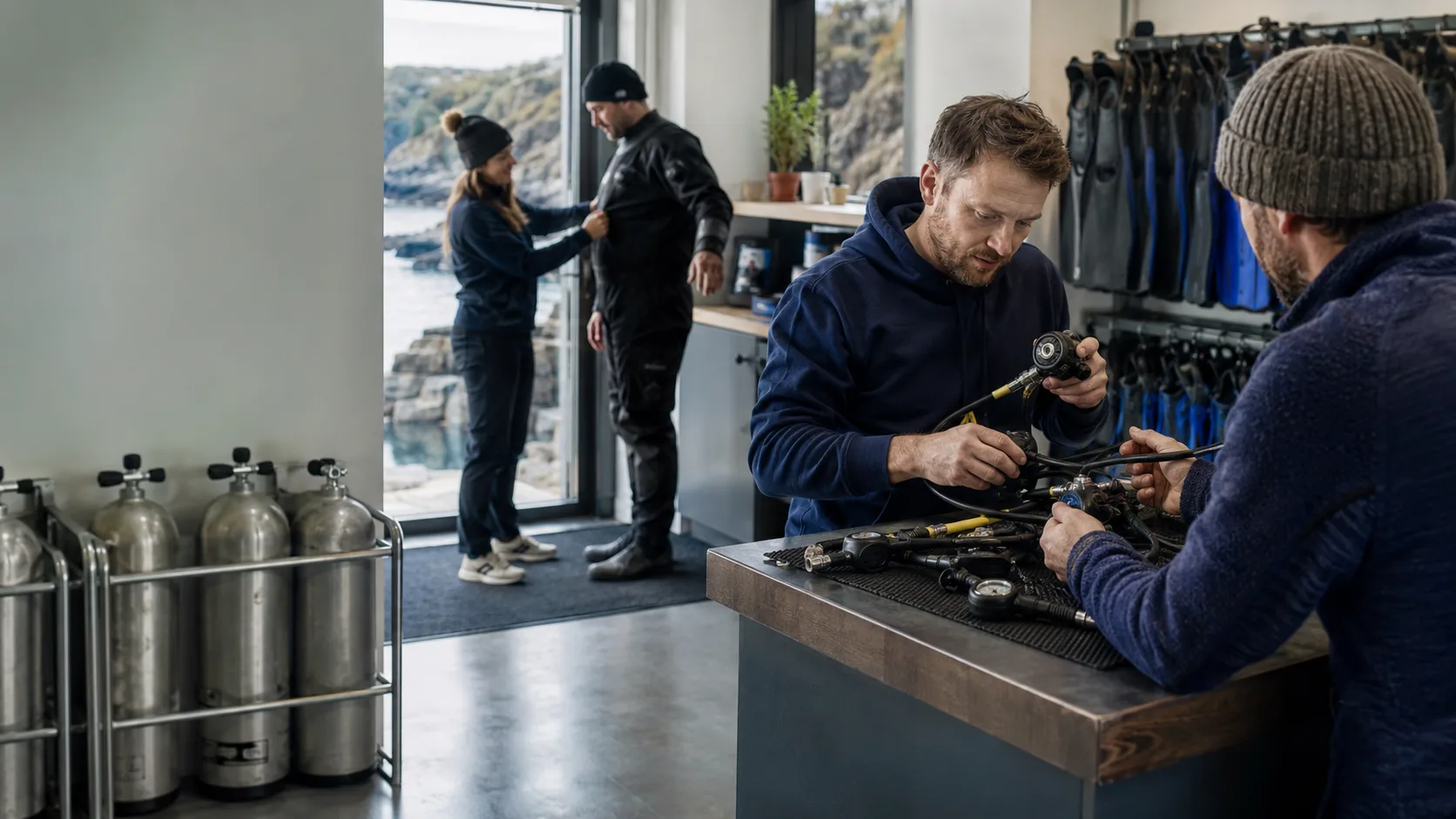 Technician preparing cold-water dive gear inside a shop in the UK