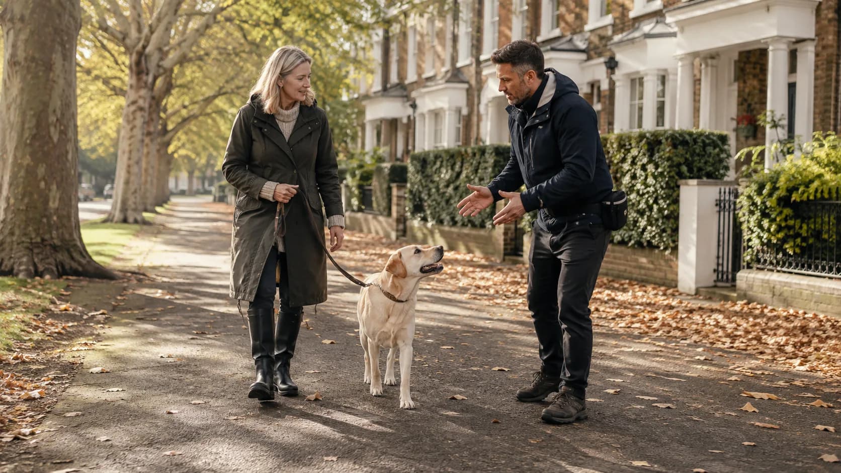 A dog trainer working with a dog in a park in the UK