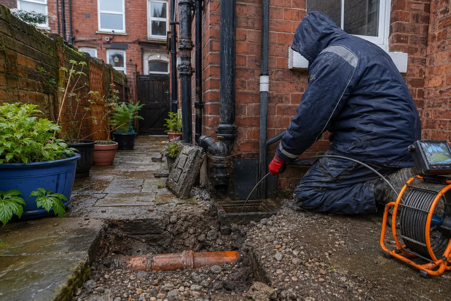 A drainage contractor feeding a jetting hose into a chamber in the UK