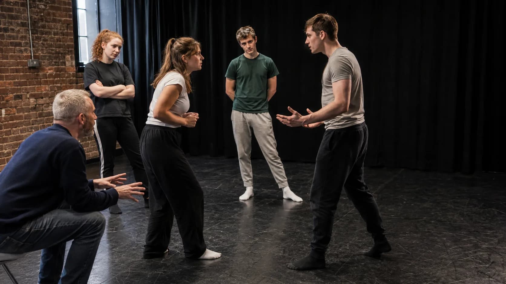 Drama class practising a scene in a rehearsal room in the UK