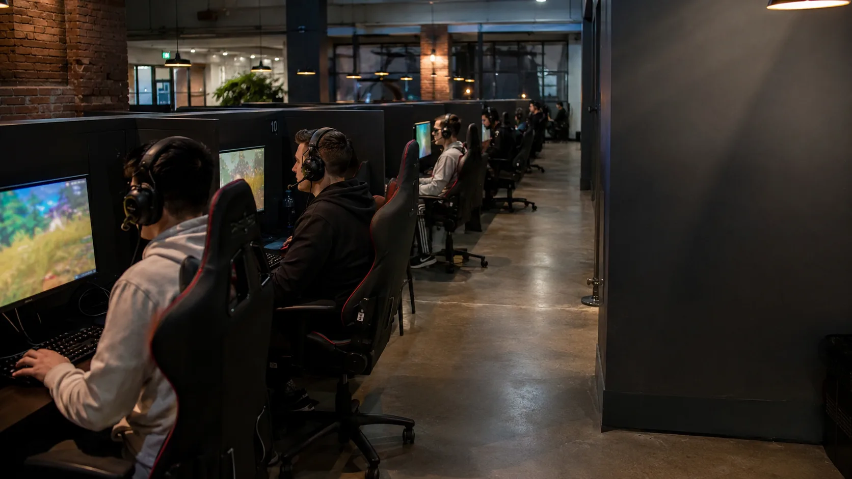 Players compete in a busy British esports venue under arena lighting