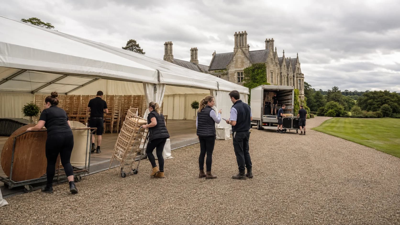 Customers collect booked marquee, table or chair model from a busy counter in the UK