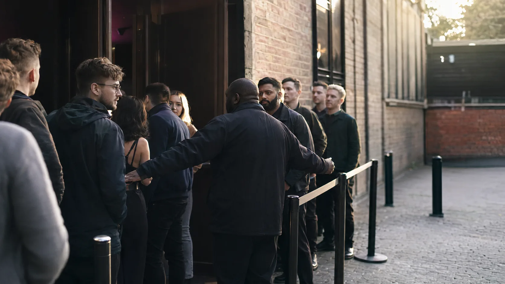 Event security staff calmly managing guest entry at a booked event in the UK