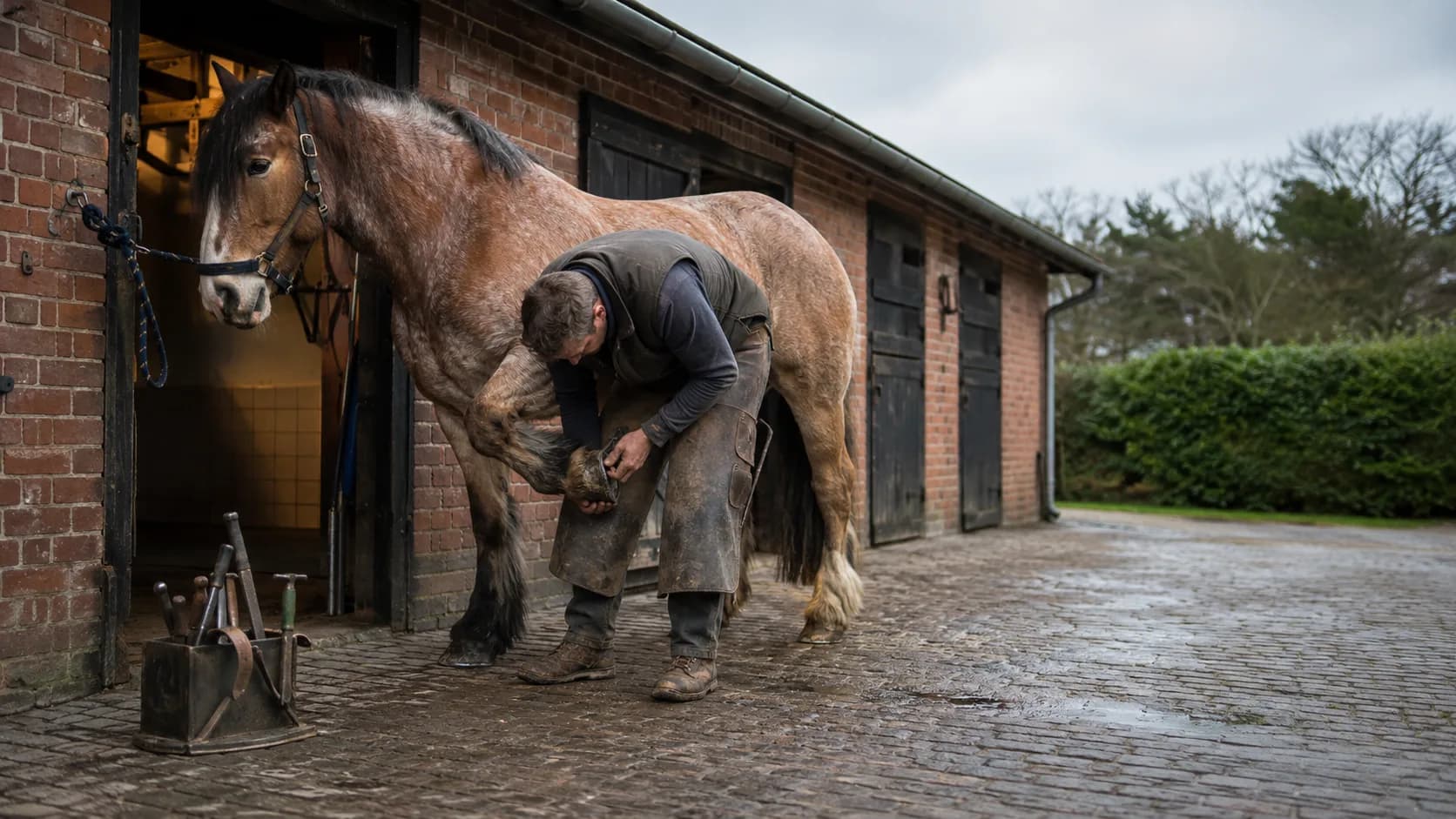 A farrier works on a horse outside a British brick stable block