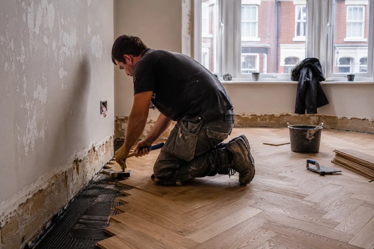 A floorlayer laying a timber floor in the UK