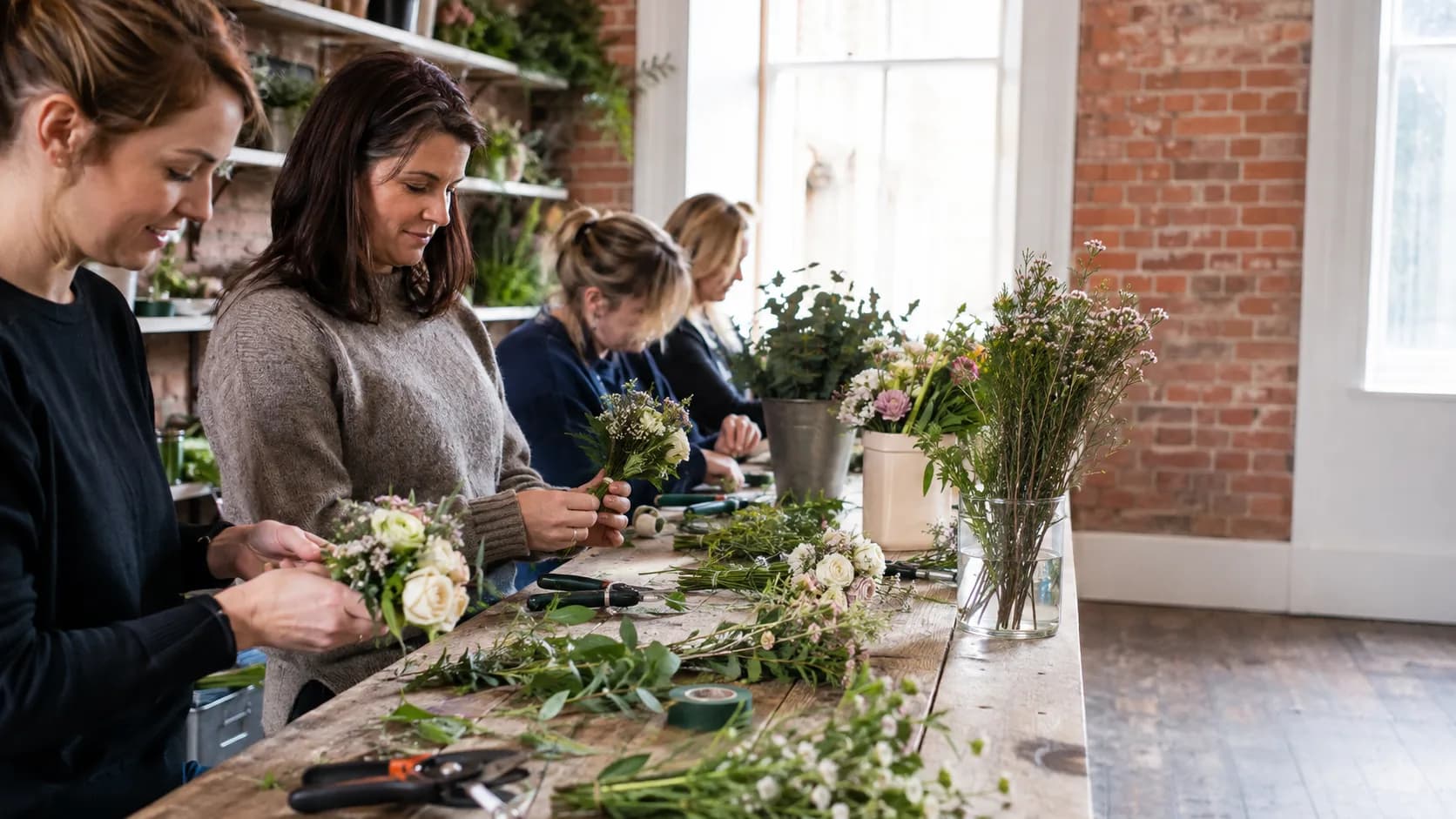 A florist wiring a wreath at a brick studio bench in cool evening sidelight in the UK