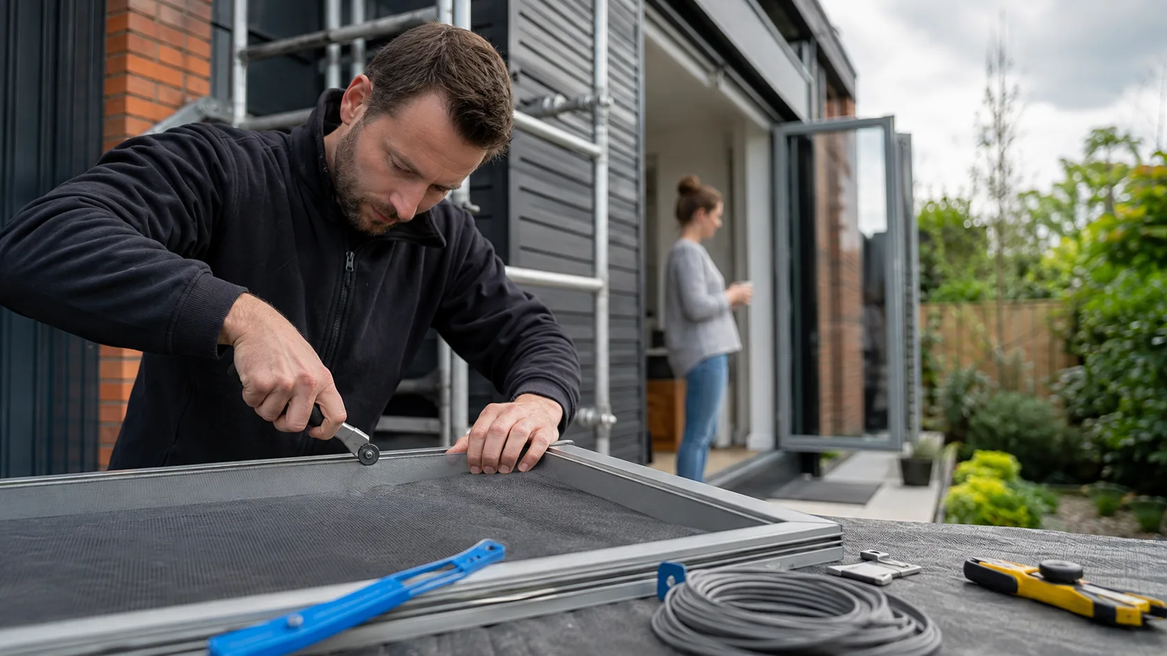 A flyscreen fitter resplining a panel at the van in the UK