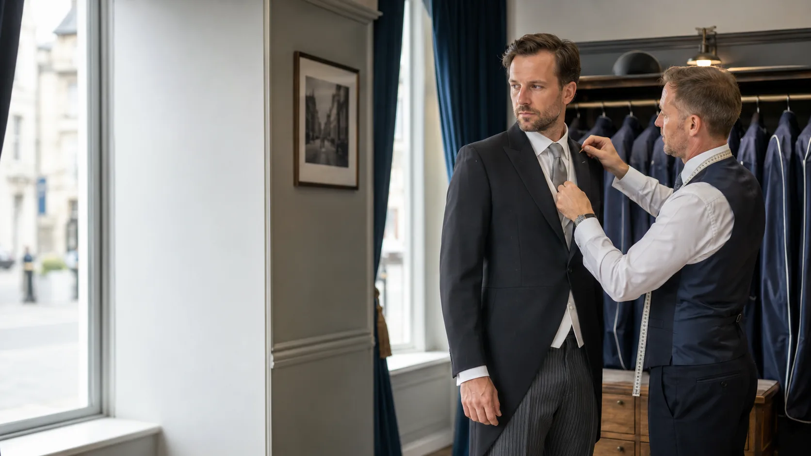 Tailor fitting a dinner suit inside a formal shop in the UK