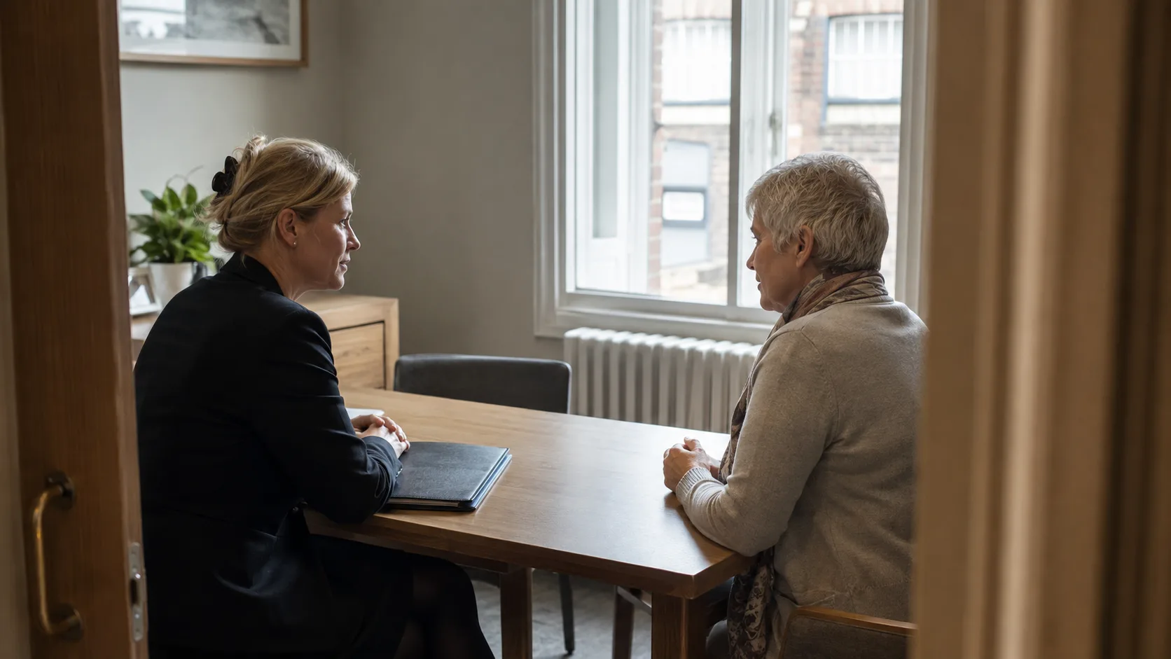 A funeral director listens during a private family appointment in the UK