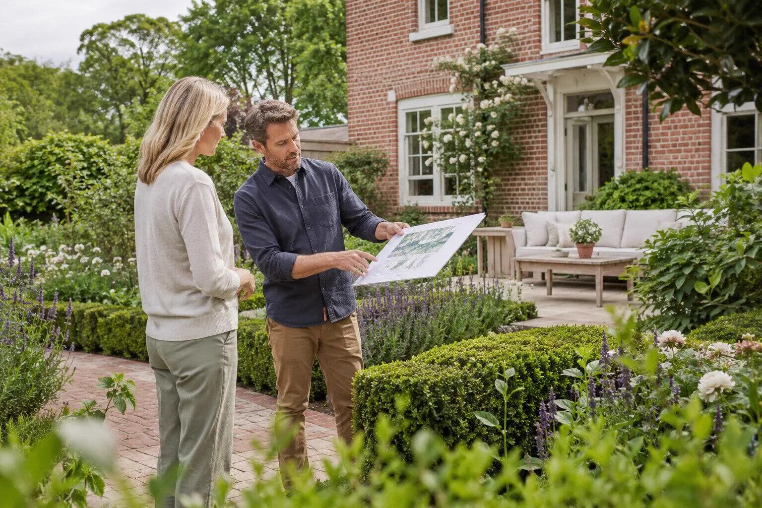 A garden designer setting out a planting plan for a garden in the UK