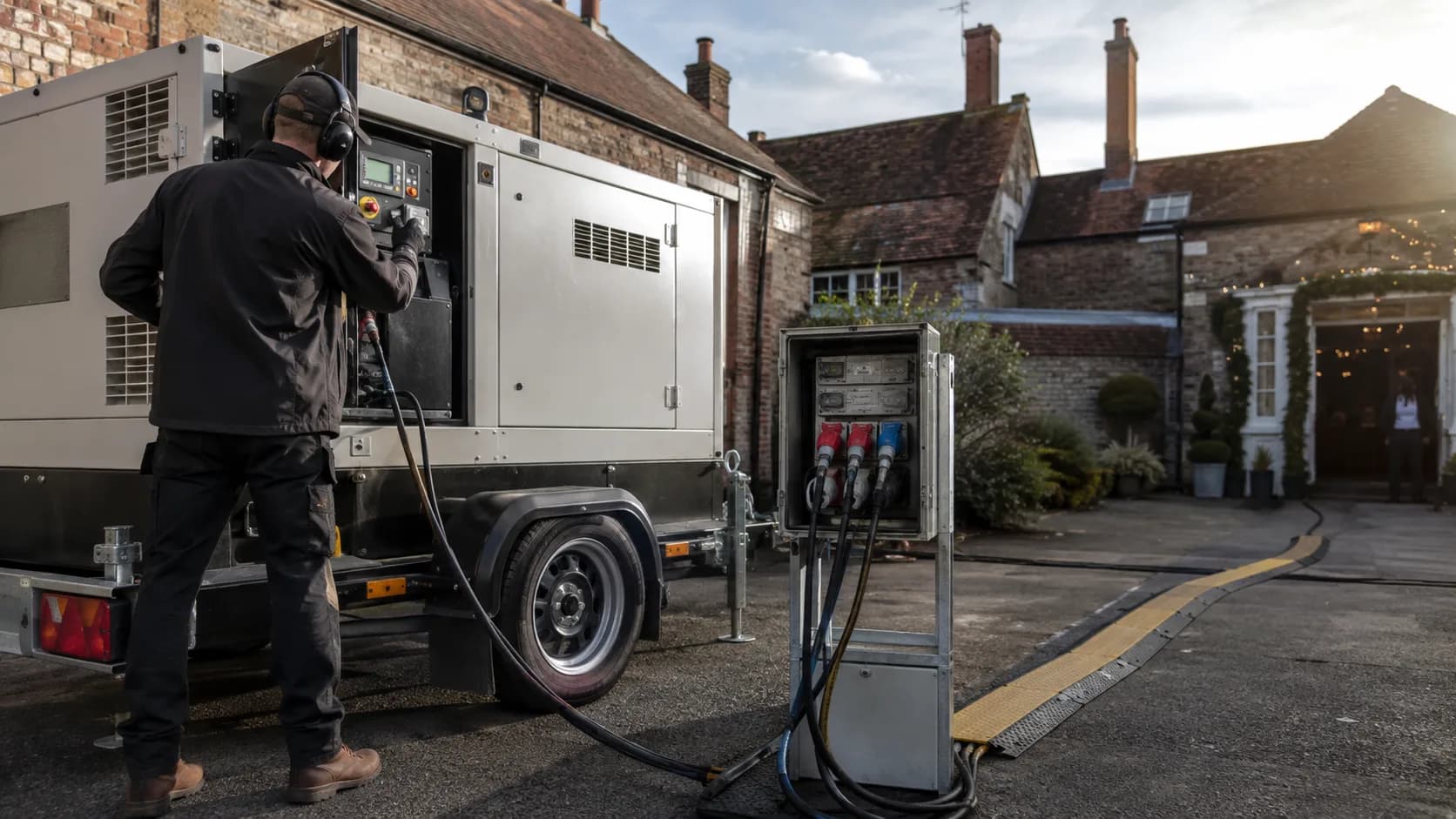 Engineer inspecting a generator beside a industrial site in the UK