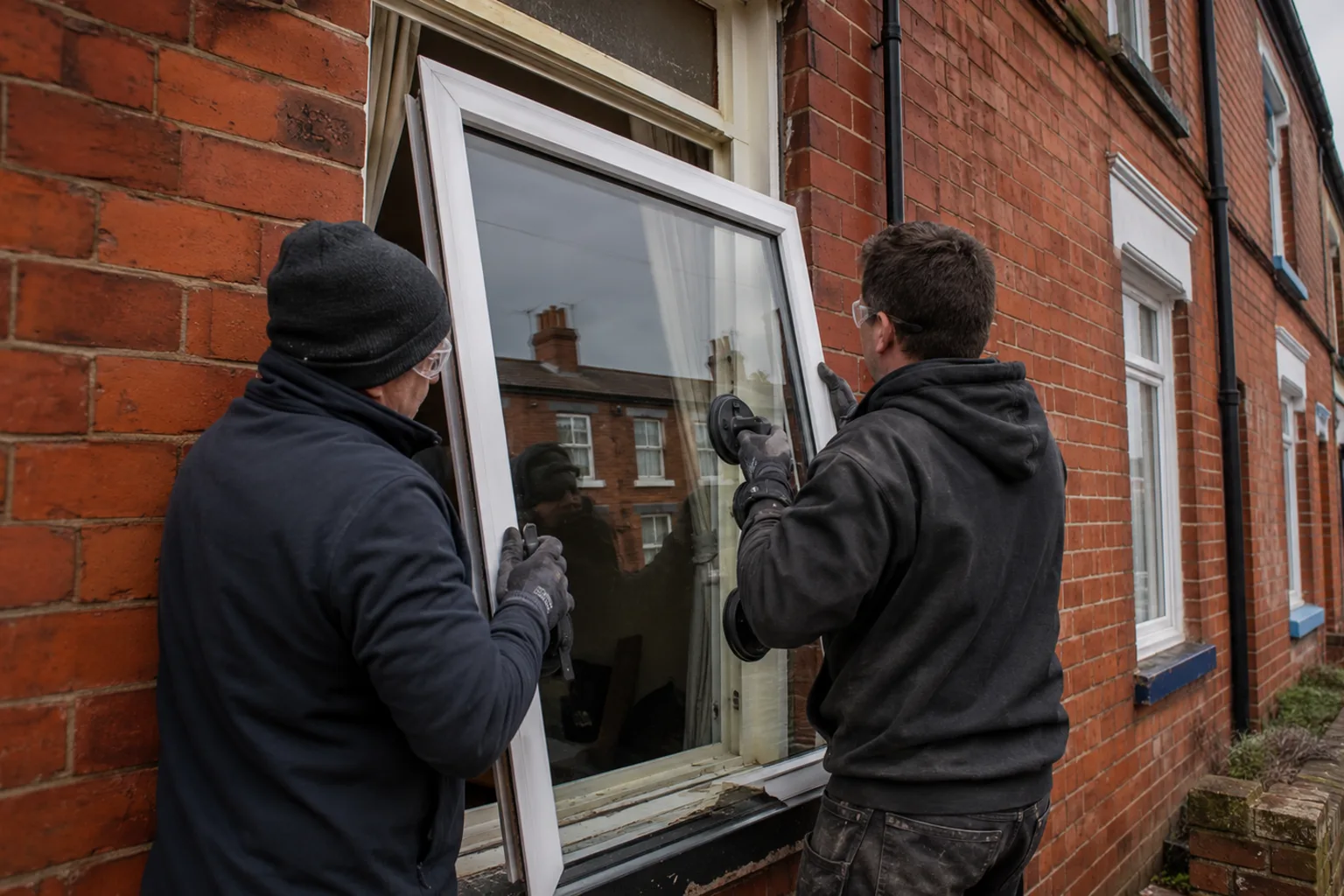 A glazier fitting a replacement pane in the UK