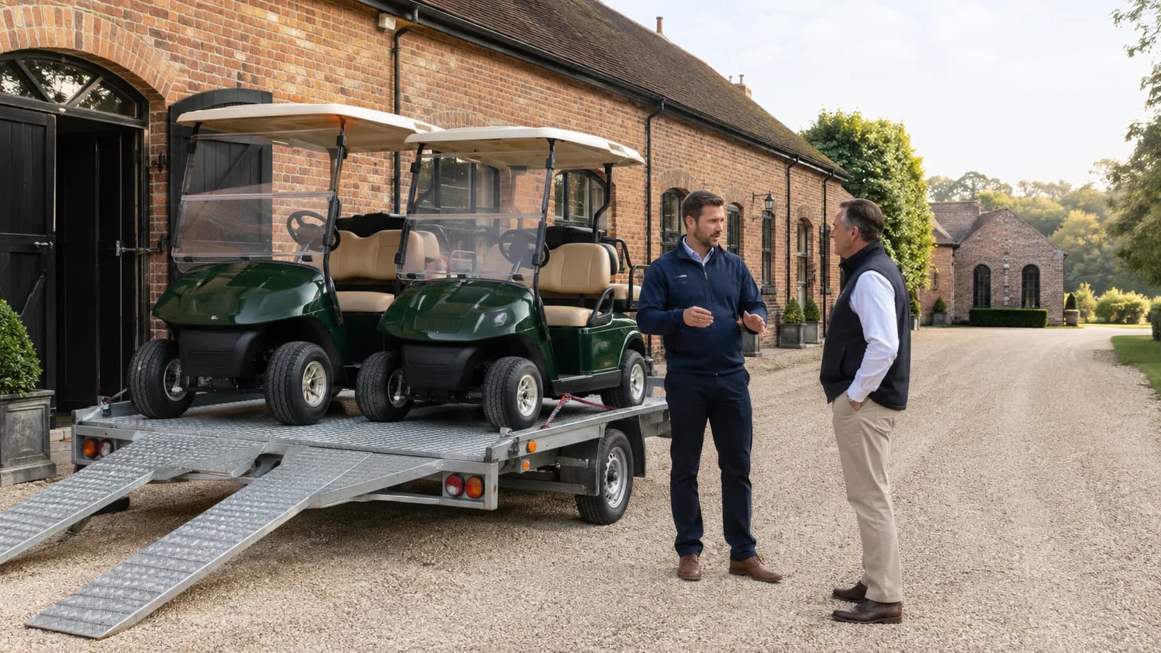 Customer receiving a golf buggy beside a country venue in the UK