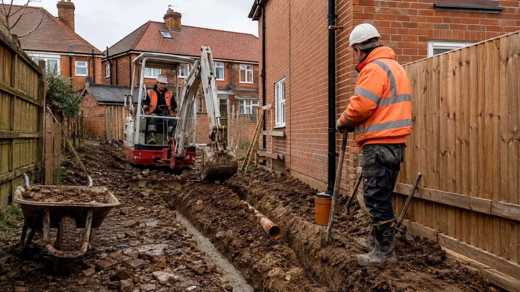 An excavator cutting a footing trench on a site in the UK