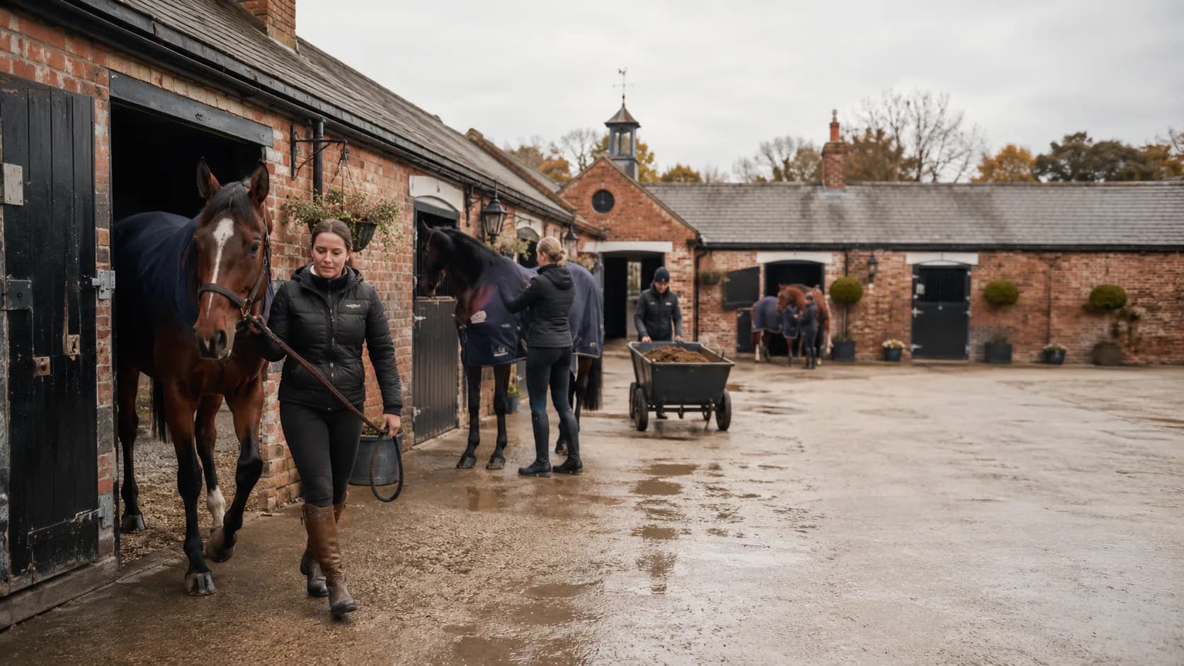 Customers use a busy British stable or grazing place beneath clear directional light