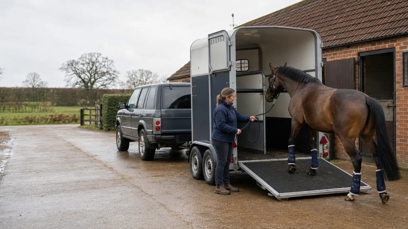 A horsebox is loaded at a UK livery yard with stables and a muddy track behind