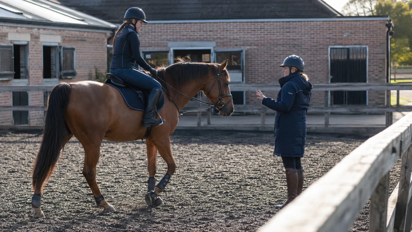 Riding lesson underway beside brick stables at a school in the UK