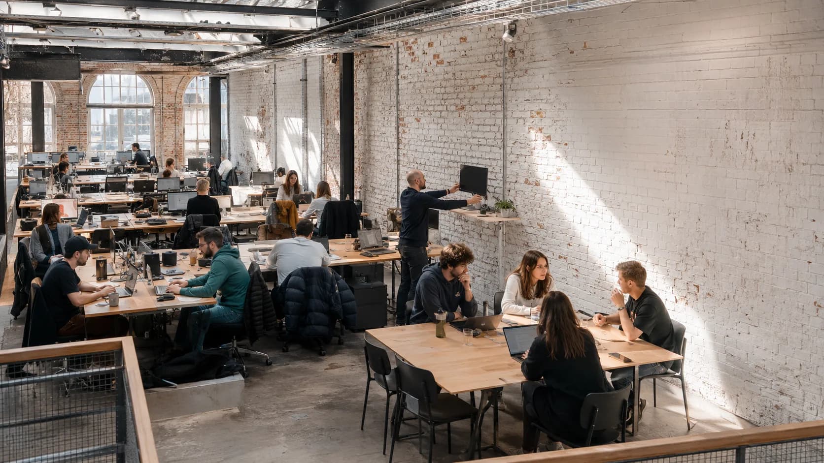 Coworkers use occupied desks throughout a bright professional shared workspace