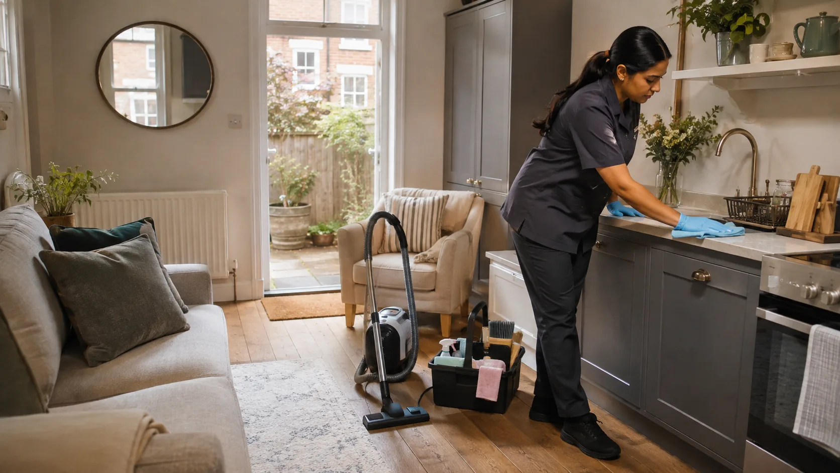 A housekeeper cleaning a kitchen in a home in the UK
